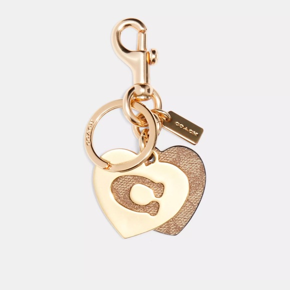 Coach Signature Hearts Key Ring Bag Charm Purse Keychain Gold / Khaki - Picture 1 of 5